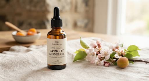 An amber glass bottle of apricot kernel oil beside apricot blossoms
