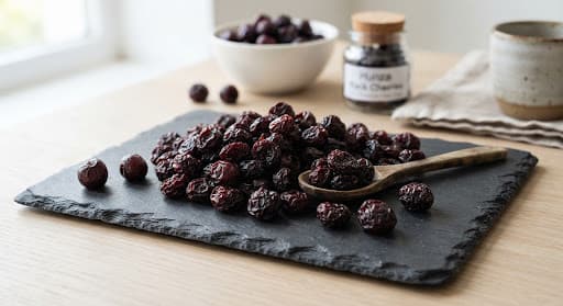 Dried black cherries displayed on dark slate