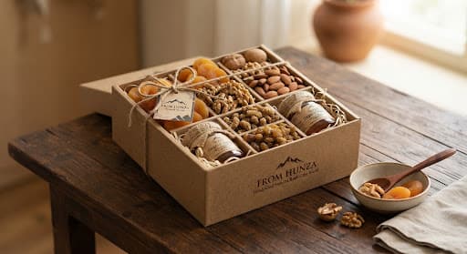 A gift box of dried fruit, nuts, and honey tied with natural twine