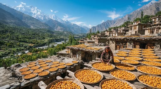 Apricots spread on trays above traditional roofs in a Hunza village
