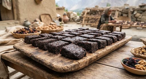Dark blocks of mulberry pastry on wooden boards