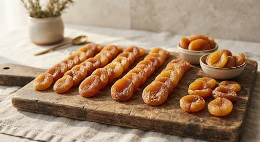Sun-dried apricots on a wooden board, packed as a gift pouch
