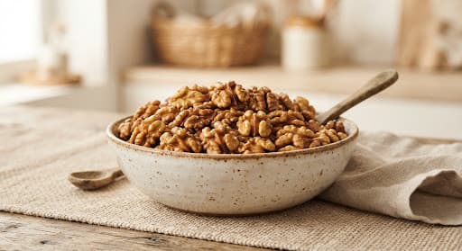 Premium walnut kernels in a ceramic bowl