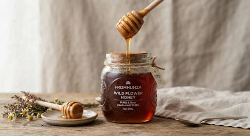 Two servings of wildflower honey suggested by a jar and wooden dipper